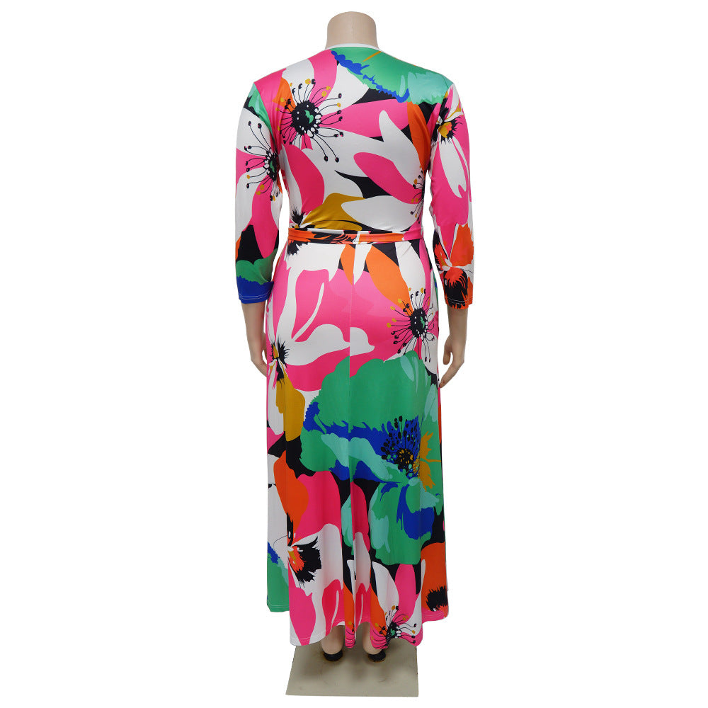 Plus Size Women Pocket Tie Printed Dress 12