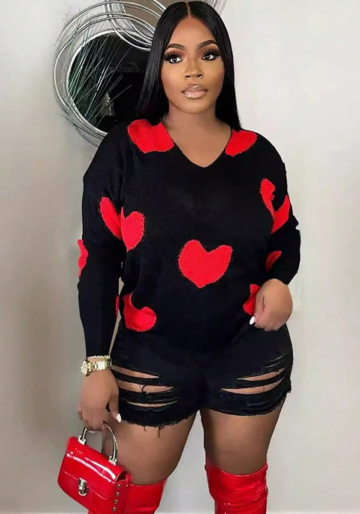 Women Fall/Winter Knitting Jacquard V-Neck Heart Print Long-Sleeved Knitting Top Sweater