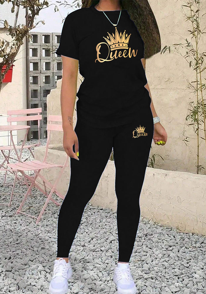 Women Gradient Crown Queen Letter Casual Print Summer Short Sleeve Top and Pants Two-piece Set