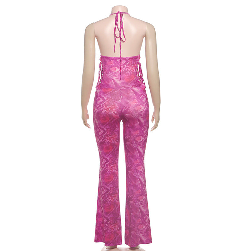 Spring Fashion Sexy Hollow Print Low Back Halter Neck Slim Fit Jumpsuit 8