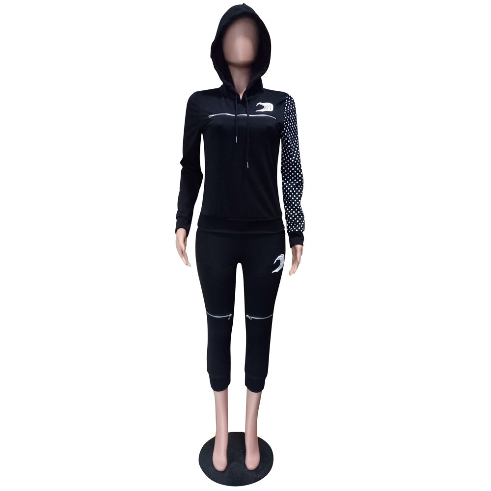 Women's Autumn Winter Fashion Zipper Polka Dot Patchwork Hooded Two-Piece Pants Set 13