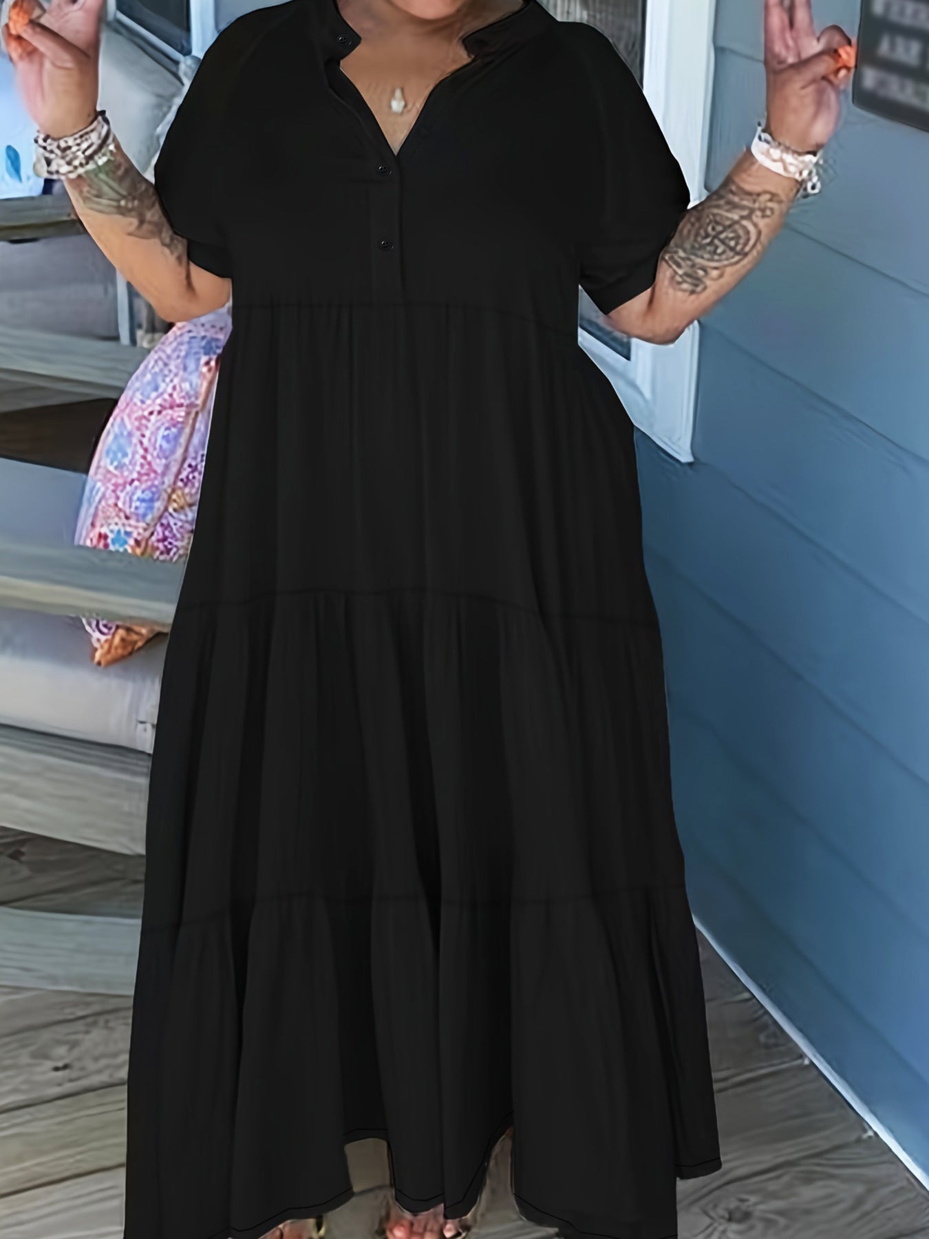 Plus Size Women Casual Button Turndown Collar Dress