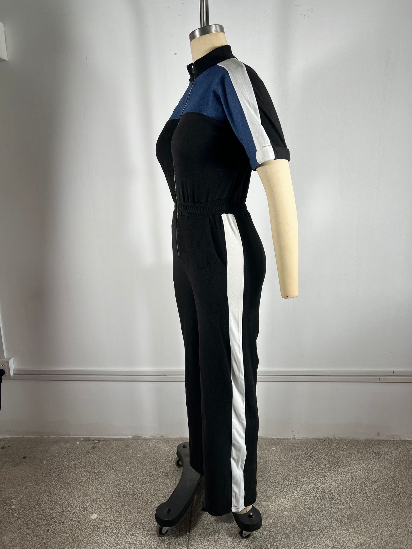 Women's Denim Patchwork Color-Block Stand Collar Short Sleeve Long Zip Jumpsuit 12