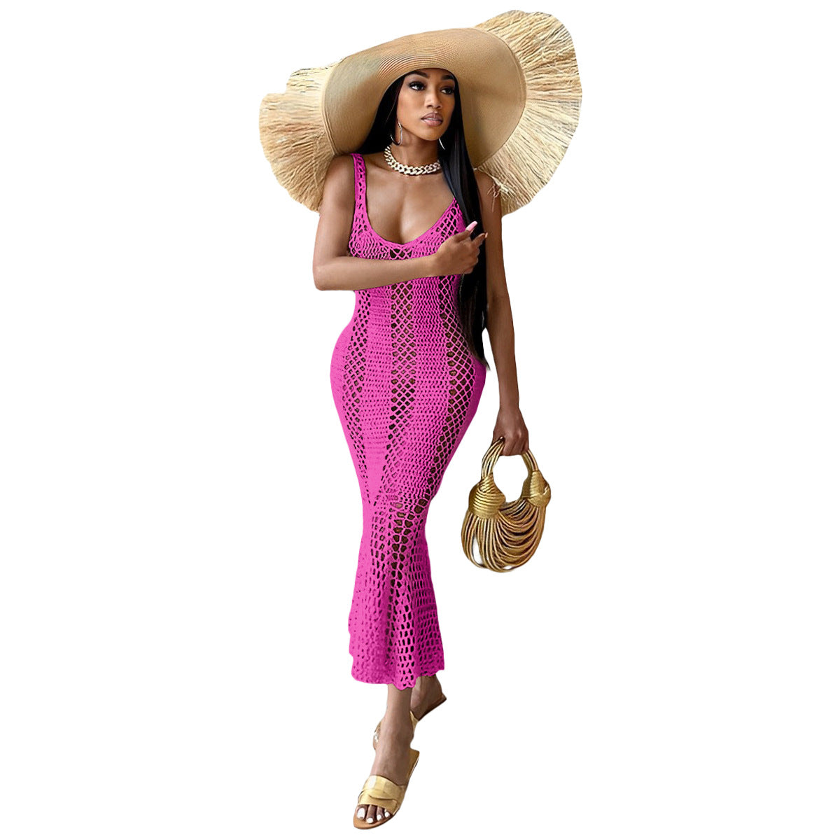 Women's Sexy Hollow Solid Color V-neck Knitting Sleeveless Mermaid Dress 10