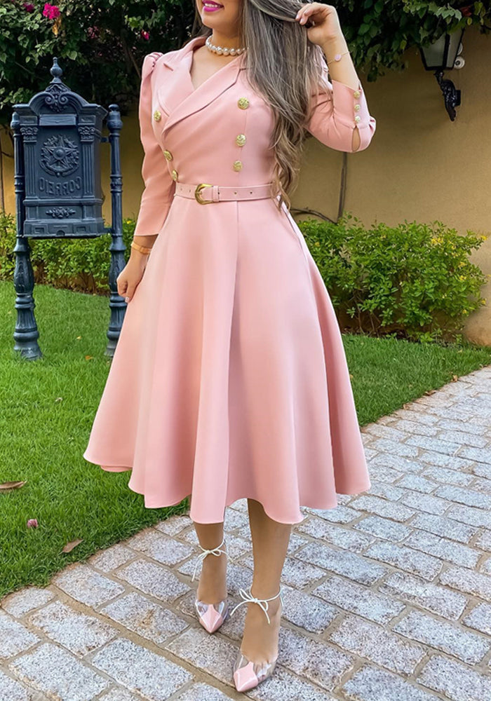 Elegant Women'S Turndown Collar Carrer A-Line Dress With Belt