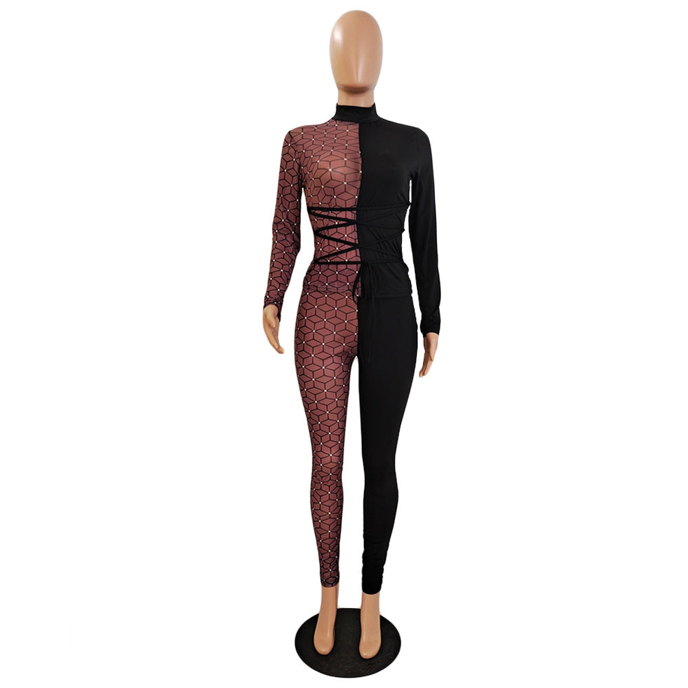 Women Sexy Mesh Patchwork Print Top and Pant Two-Piece Set 4