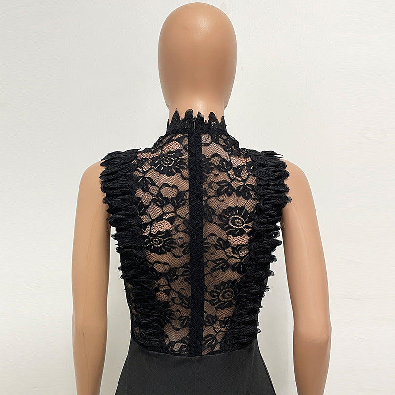 Women's High Neck Fashion Sleeveless Lace Patchwork Straight Leg Women's Jumpsuit 18