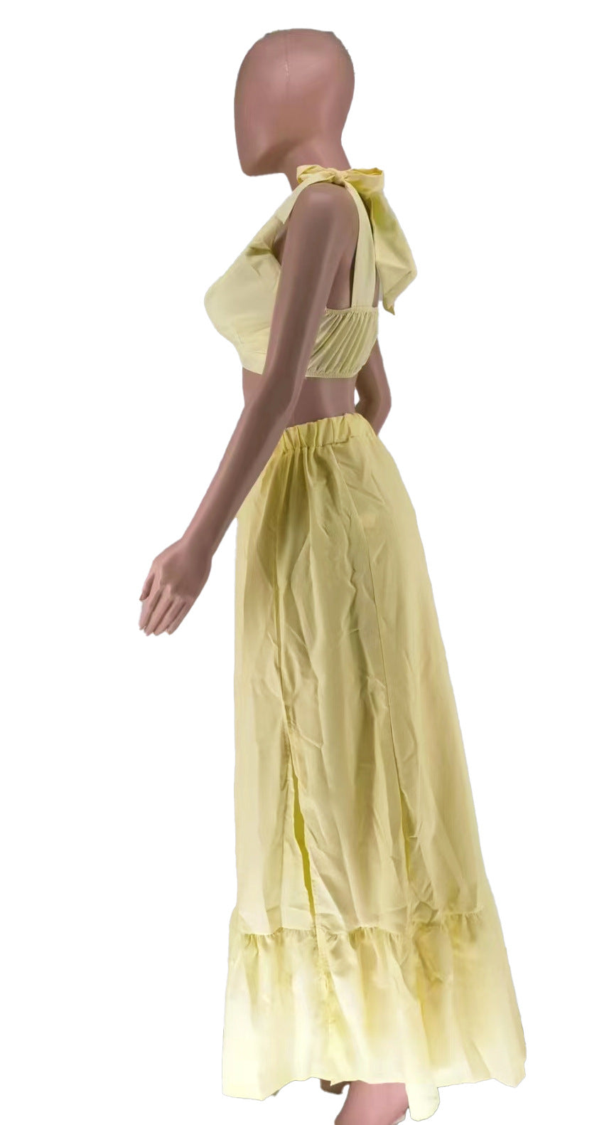 Women's Solid Color V-Neck Lace-Up Tank Top+Slit Long Skirt Two Piece Set 18