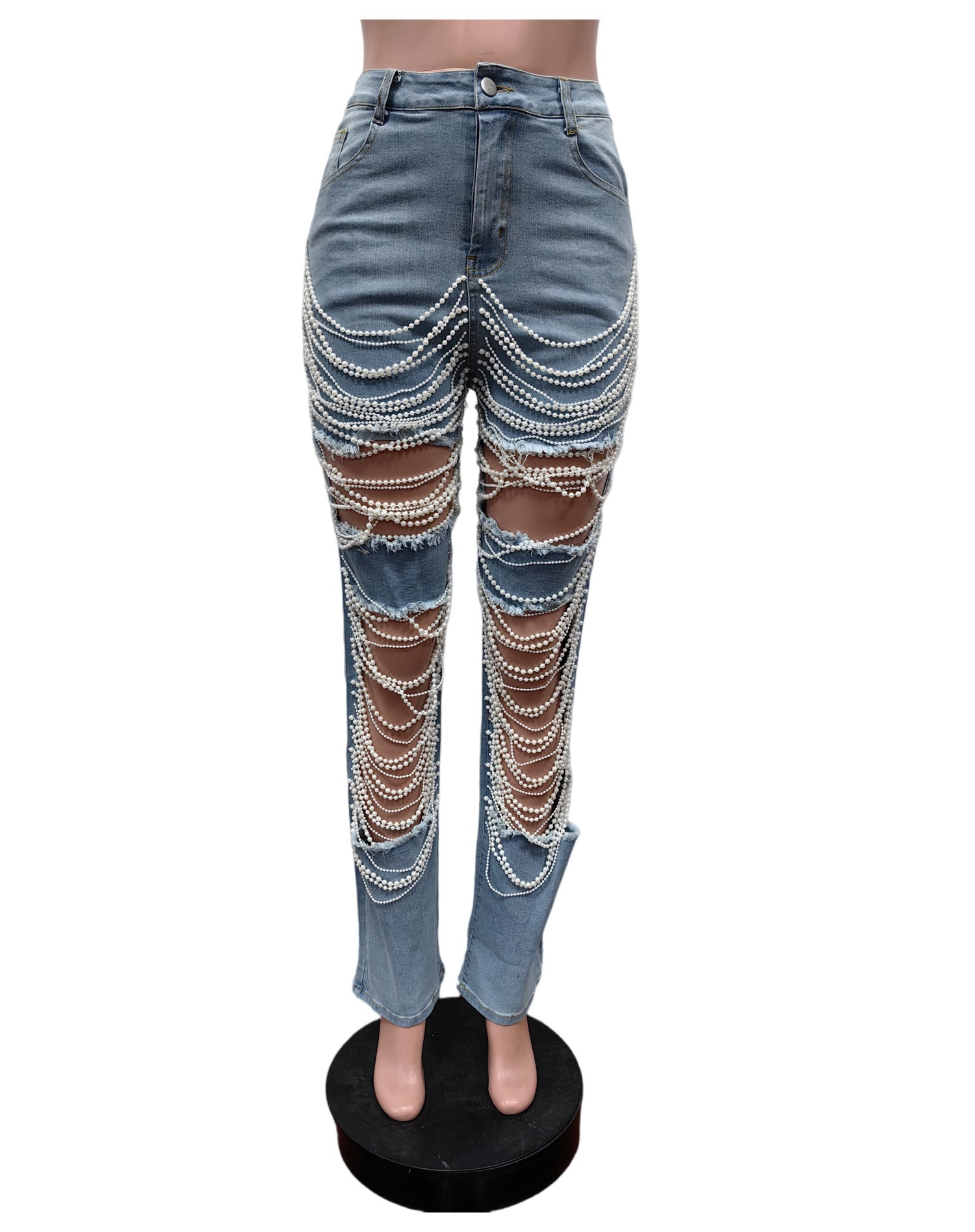 Women Chain Ripped Denim Pants 7