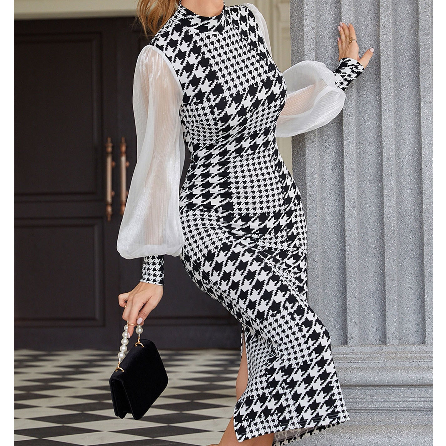 Women's Mesh Long Sleeve Printed Midi Bodycon Dress 7