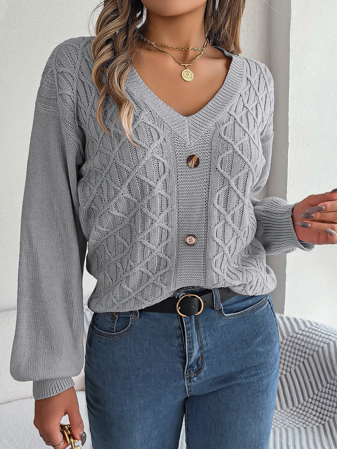 Women Casual Button Balloon Sleeve Sweater 11