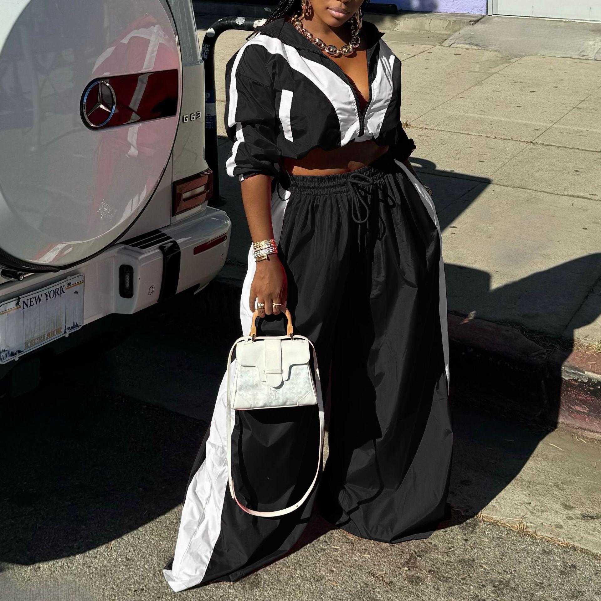 Women Sports Woven Colorblock Top and Pant Two Piece Set 3