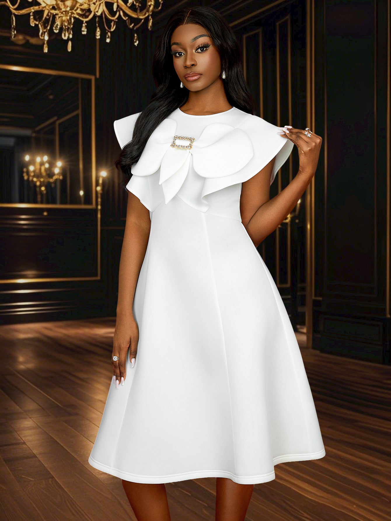 Women Summer Round Neck Bow Cape Sleeve Dress 11