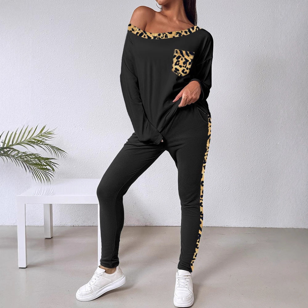 Women Slash Shoulder Collar Leopard Print Long Sleeve Top Lace-up Pants Two Piece Set 3
