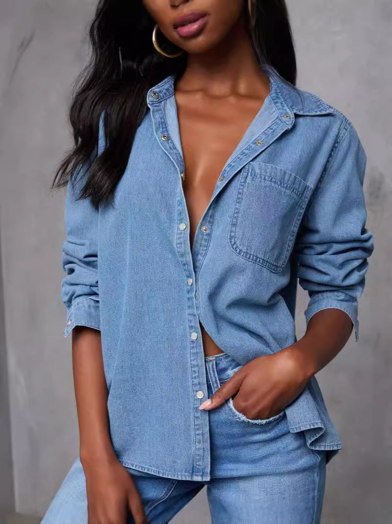 Denim Shirt Women's Autumn Fashion Casual Pocket Loose Long-Sleeved Top 7