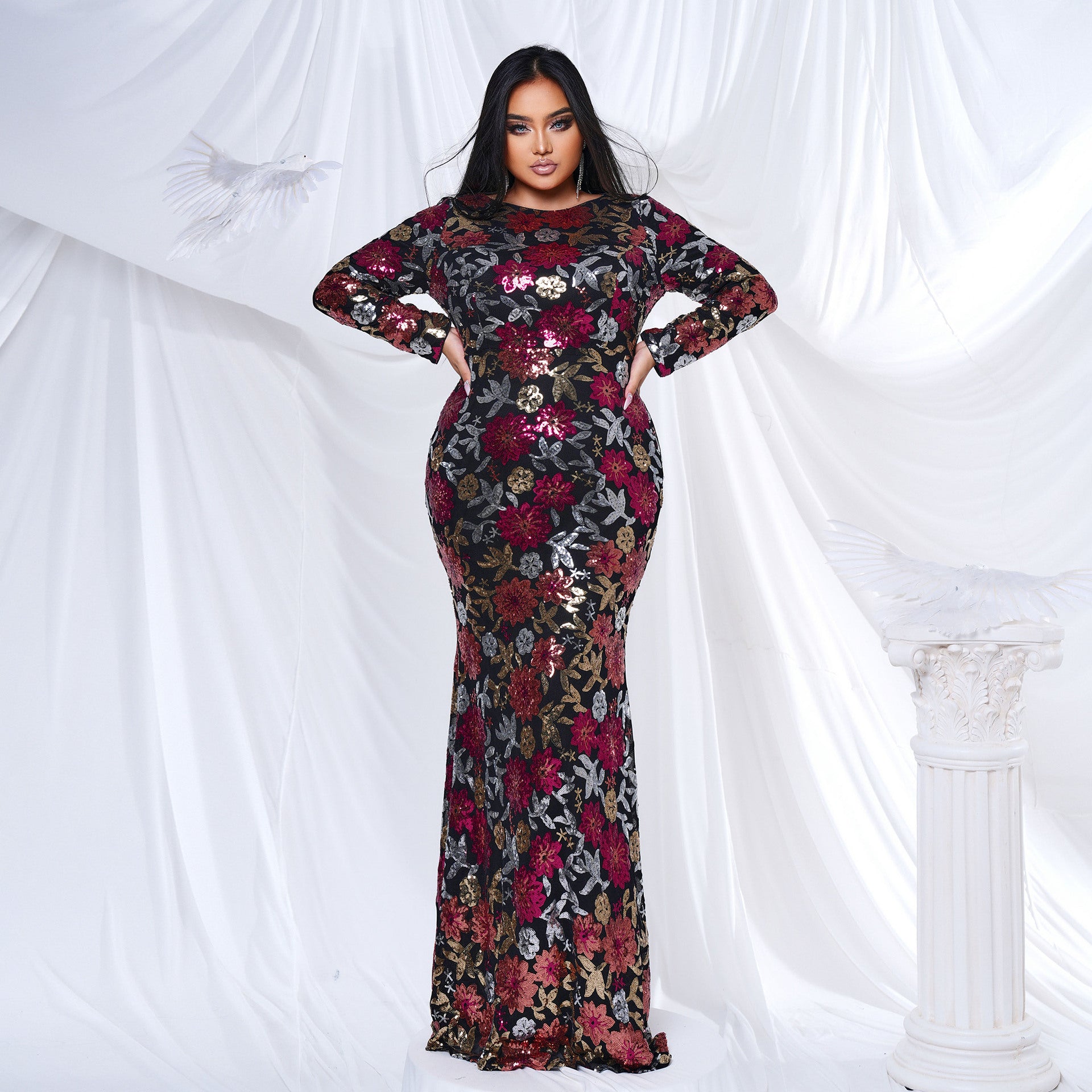 Plus Size Women Long Sleeve Round Neck Formal Party Sexy Sequin Maxi Evening Dress 6