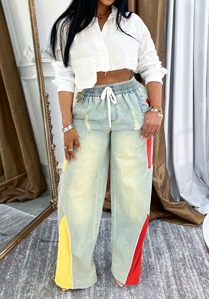 Women's Casual Drawstring High-Waist Contrast Patchwork Gradient Denim Pants