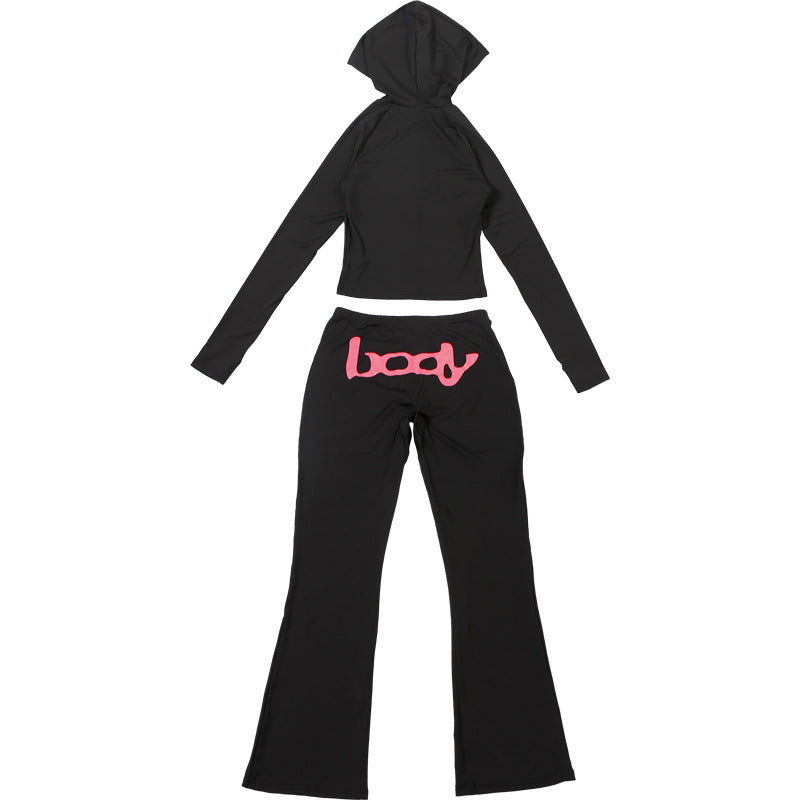 Women Fall/Winter Hooded Letter Print Zipper Top and Pants Two-Piece Set 31