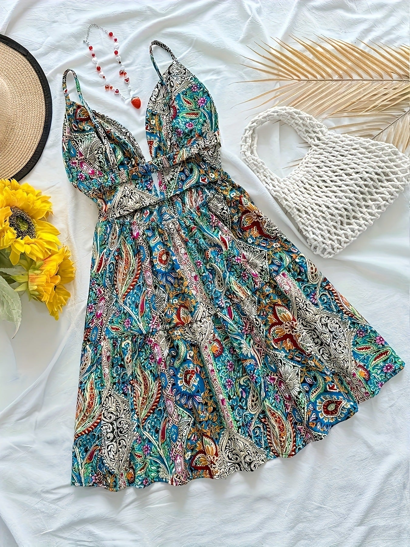 Women flower print hollow suspender V-neck backless sexy holidays beach dress 3