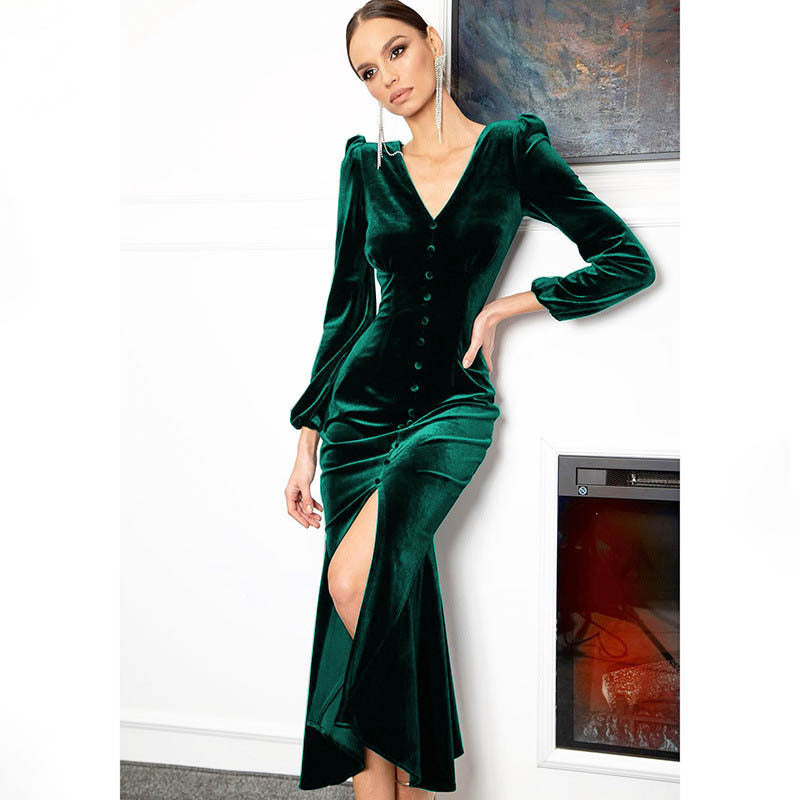 Women Autumn Knittingv Collar Solid Padded Shoulder Long Sleeve Slit Evening Dress 6