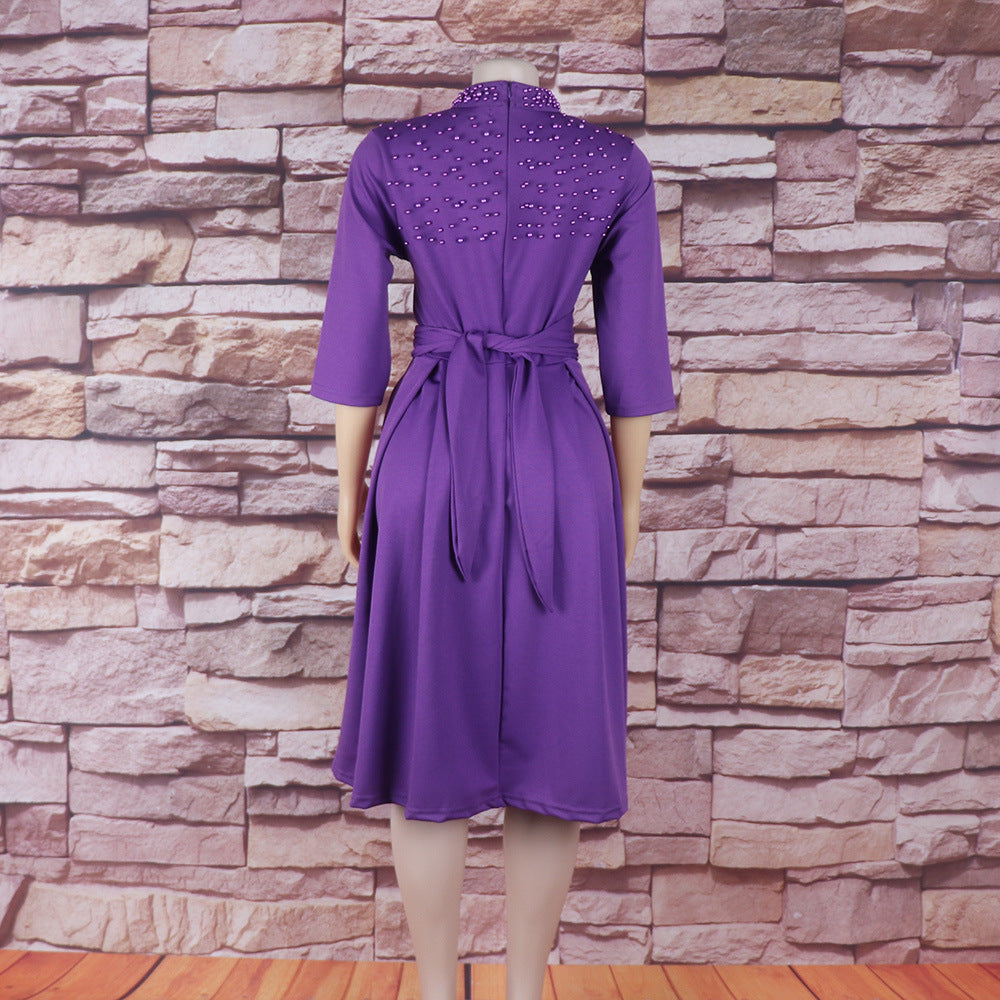 Women African Elegant Stand Collar Beaded Belt Pocket Dress 13