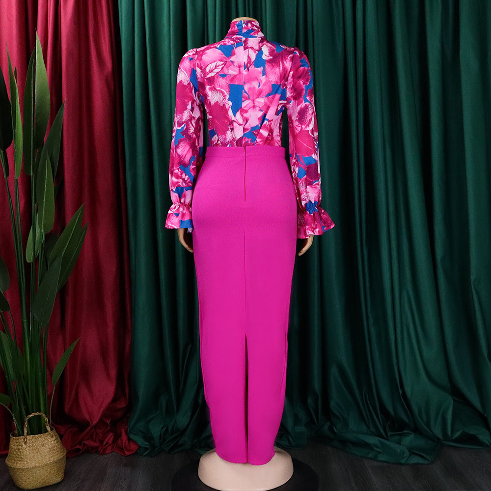 Women Printed Lace-Up Long Sleeve Shirt and Skirt Two-Piece Set 12