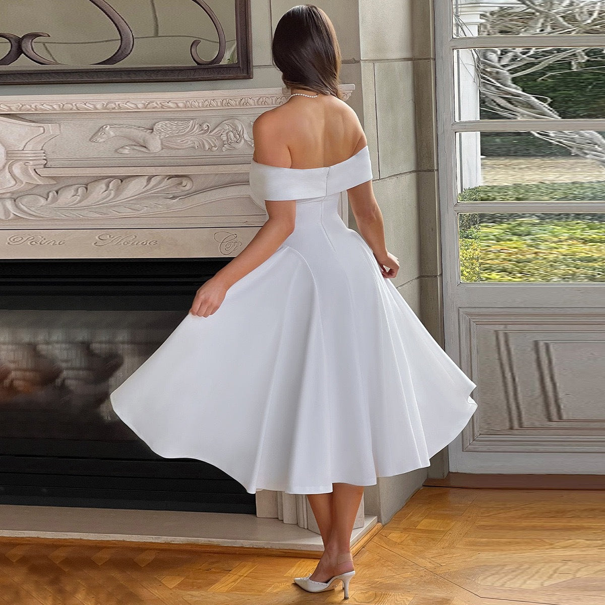 Women Elegant Solid Off Shoulder Formal Party Dress 9