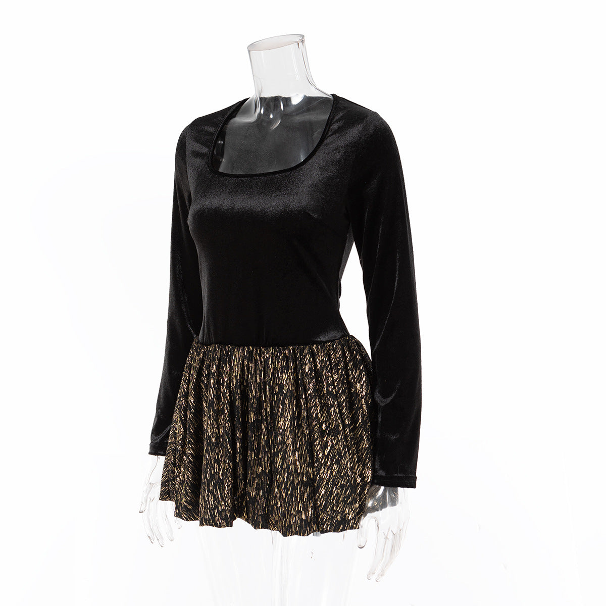 Women U-Neck Velvet Patchwork Shiny Texture High Waist Bubble Dress 8