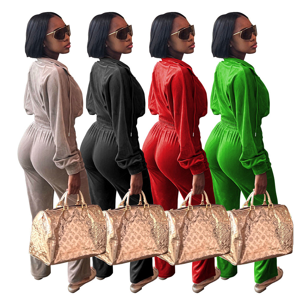 Women's Autumn And Winter Velvet Elastic Waist Zipper Jacket Pocket Trousers Suit 5