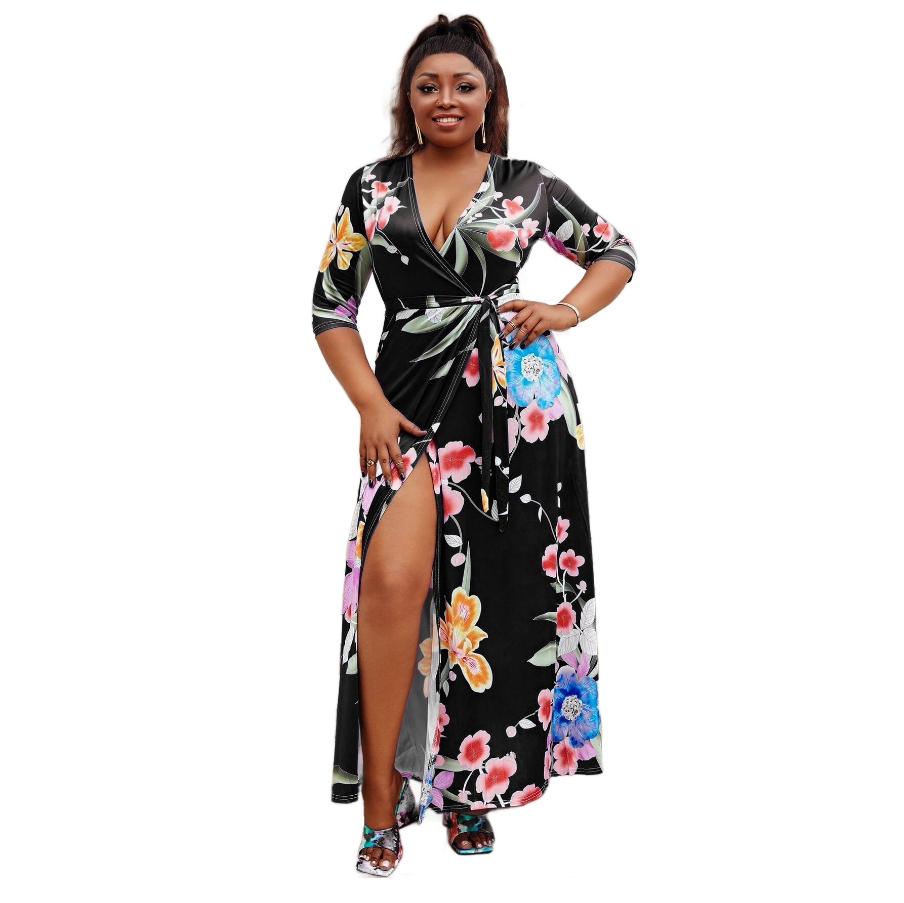 Women V-neck Half-Sleeve Slit Dress Bohemian Beach Maxi Dress