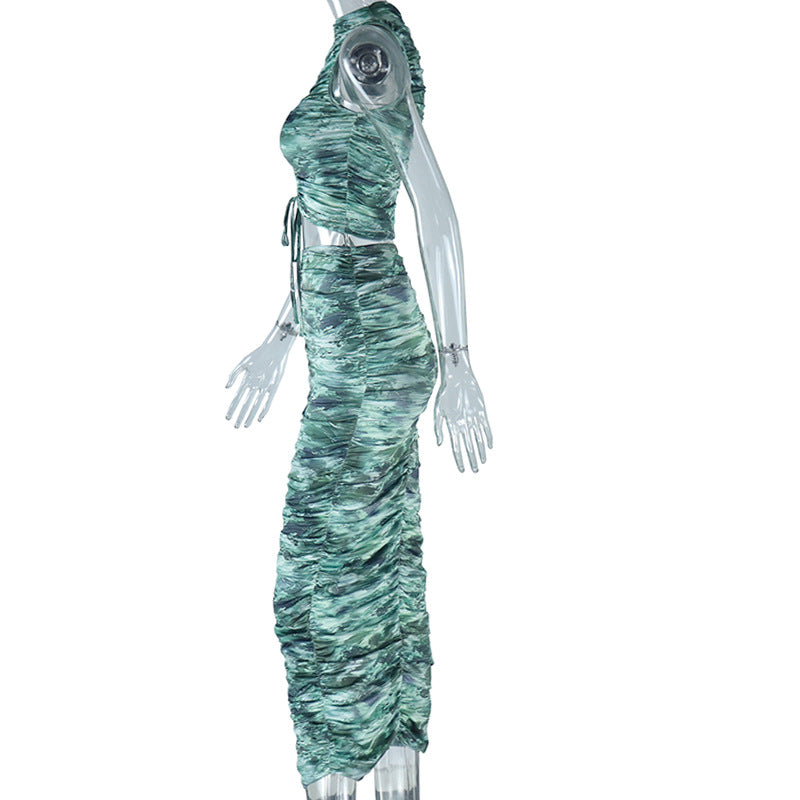 Printed Sleeveless Drawstring Top and Skirt Two-piece Set 10