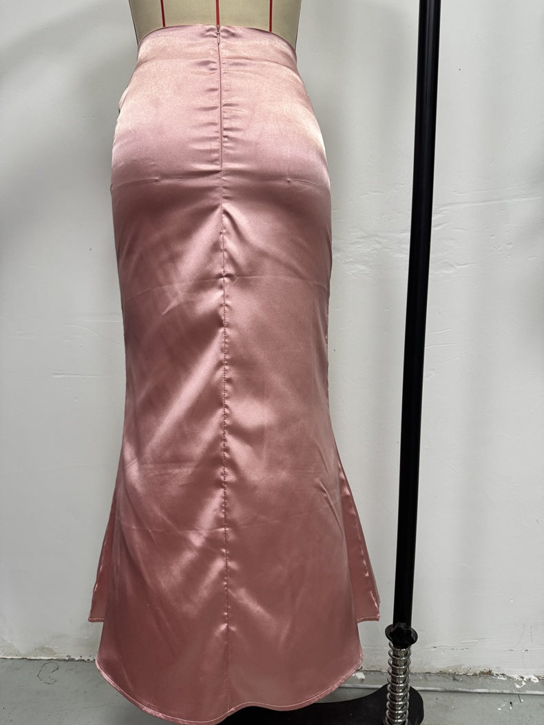 Women Satin Solid Bodycon Fishtail Skirt 10