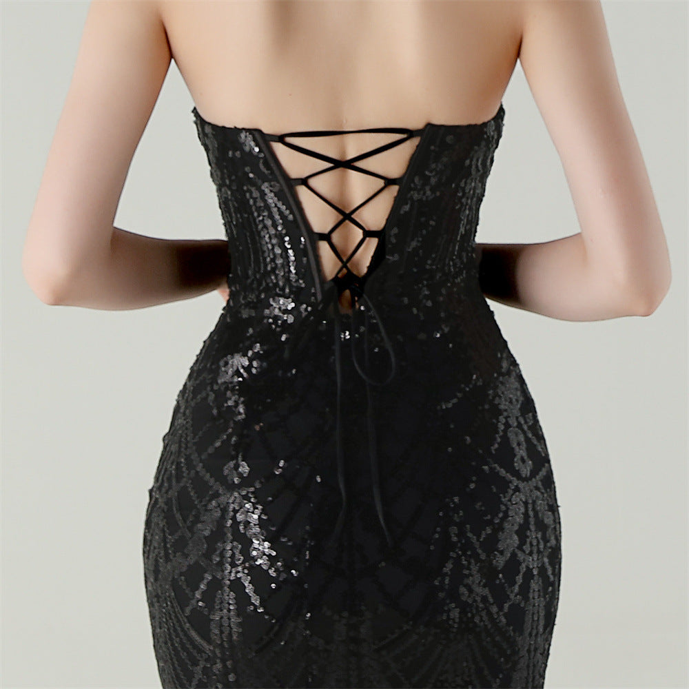 Women Strapless cross Lace-Up sequined tube flower sequined mesh evening dress Formal Party evening dress 63