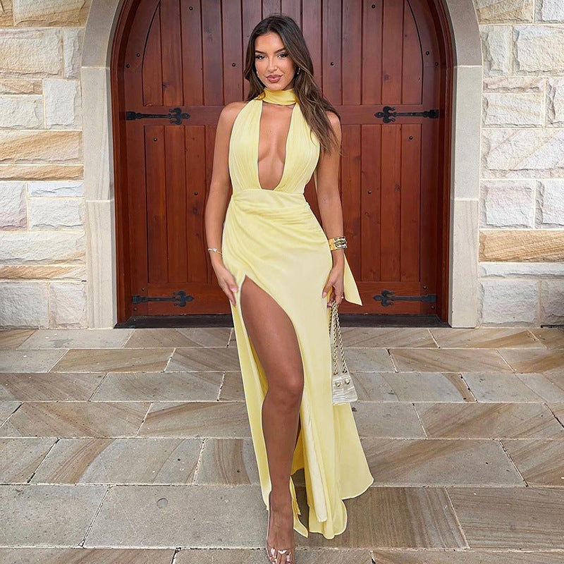 Women Summer Sexy Halter Neck Lace-Up Gathered Slit Dress 4