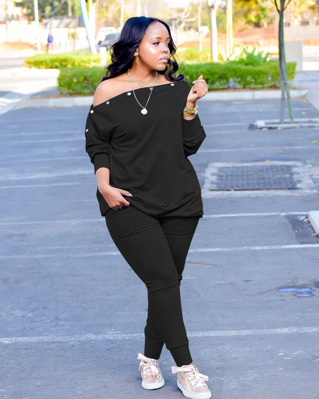 Autumn And Winter Women's Clothing Buttoned Off Shoulder Top Pants Casual Two-Piece Set 6