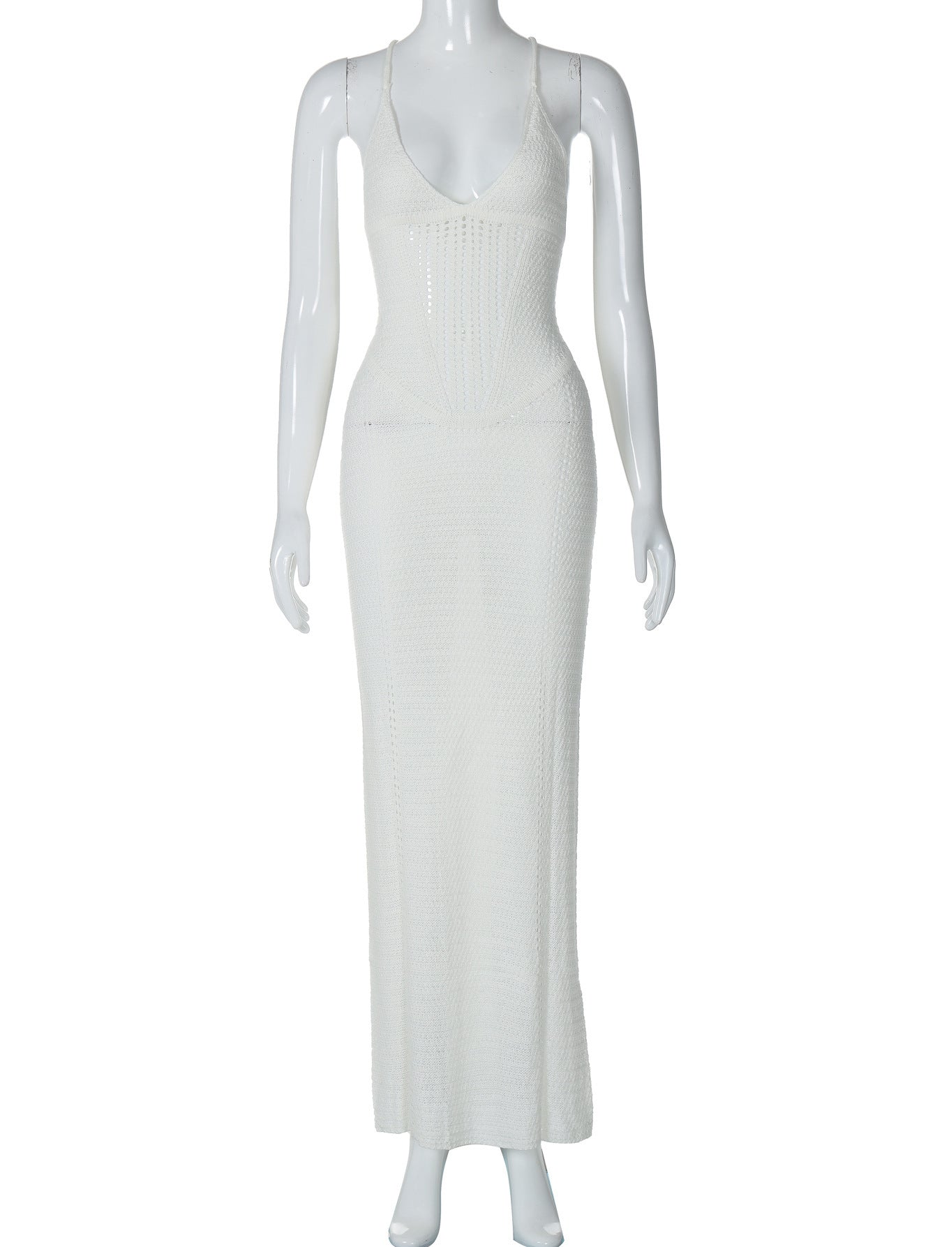 Women Spring and Summer Sexy Backless Hollow Lace Knitting Suspender Bodycon Dress 15