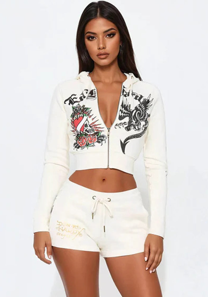 Women Casual Zipper Hooded Printed Top and Shorts Two Piece Set