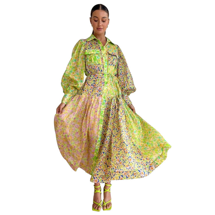 Women Floral Colorblock Balloon Sleeve Long Dress 6