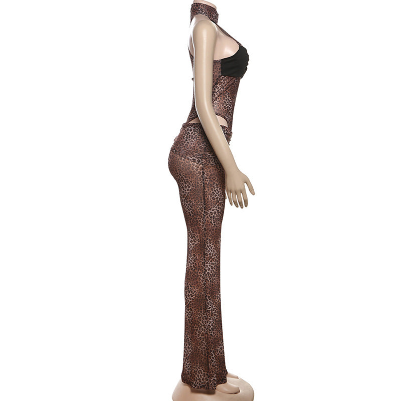 Women Spring Sexy Contrast Color Sleeveless Bodysuit and Leopard Pants Two Piece Set 8