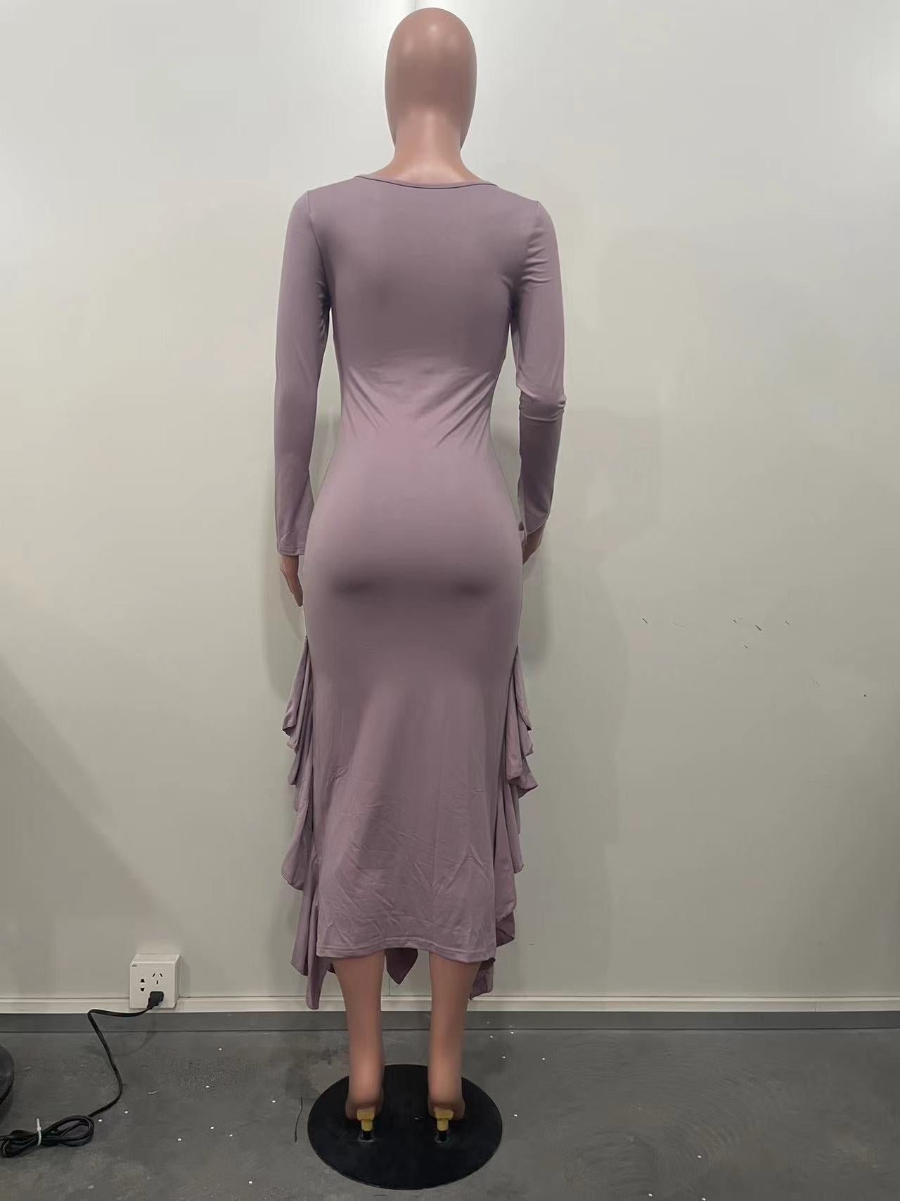 Autumn And Winter Solid Color Multi-Layered Ruffled Long-Sleeved Women's Long Dress 7