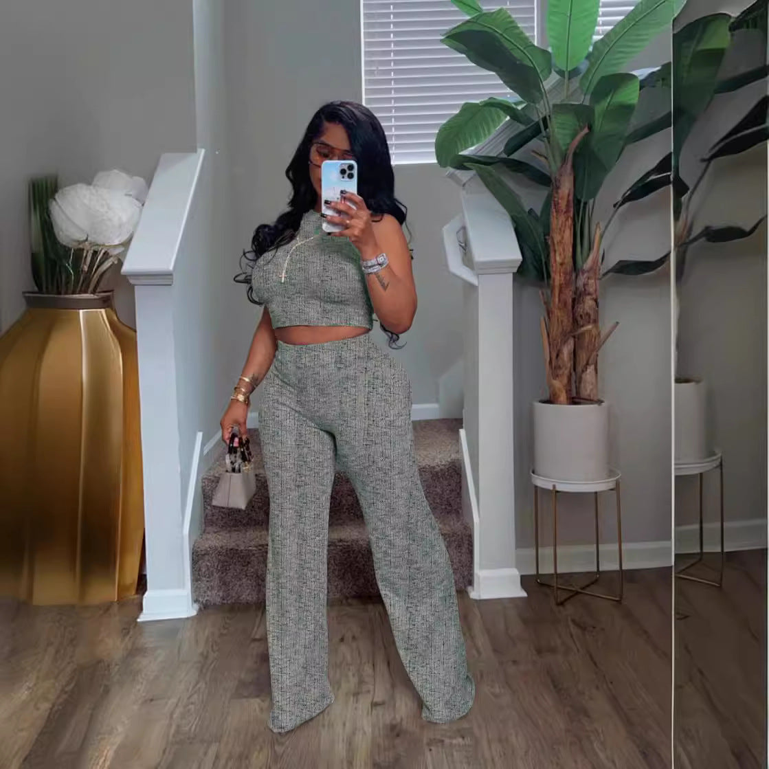 Women's Summer Sleeveless Printed Wide-Leg Two-Piece Trousers Set 6