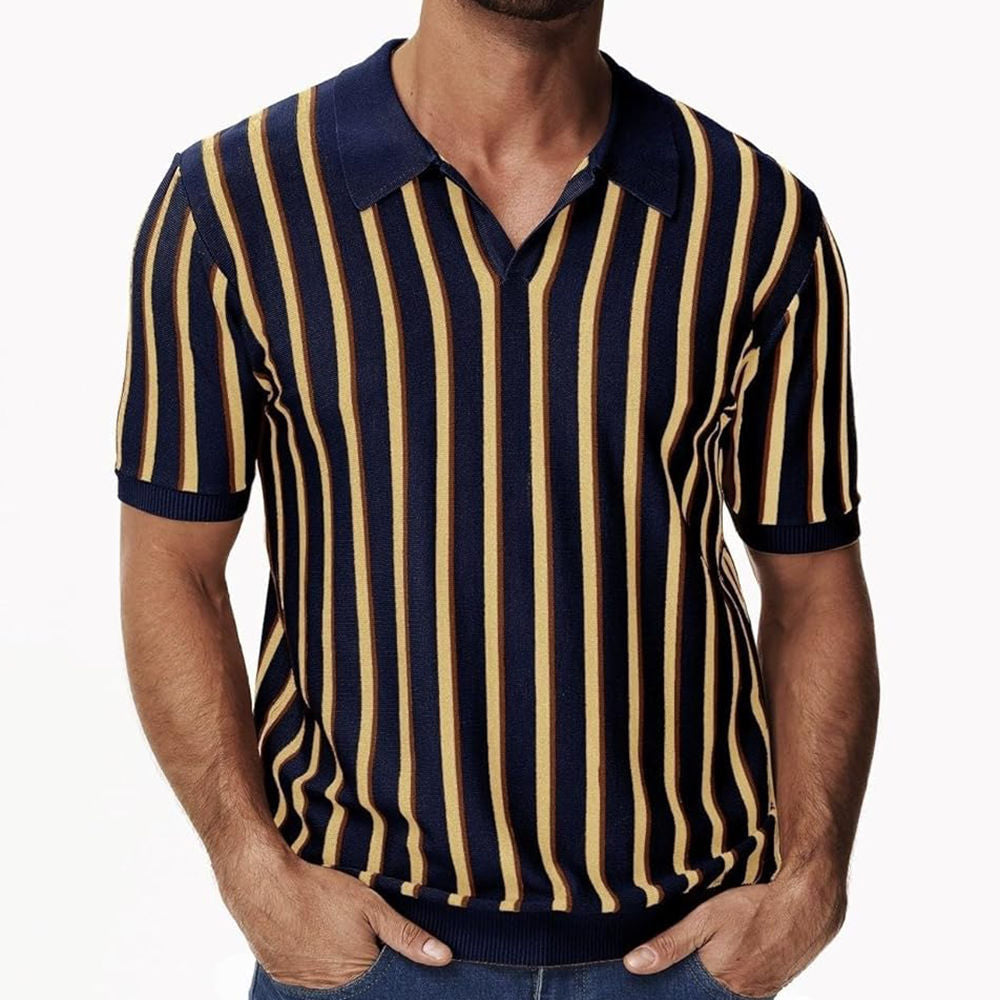 Men's Summer Turndown Collar Chic Striped Knitting polo Shirt Short Sleeve Tops 6