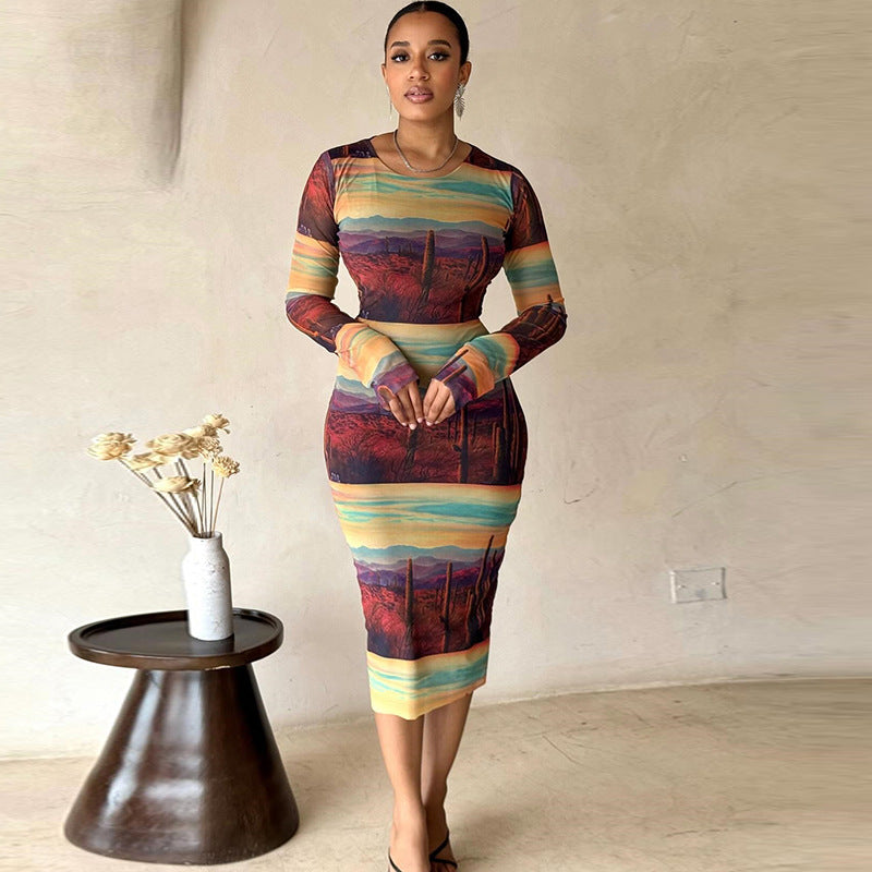 Fashion Holidays Round Neck Printed Long Sleeve Street Trend Slim Bodycon Women Dress 3