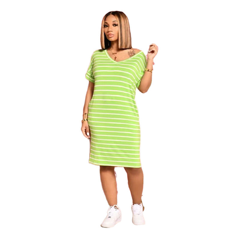 Women Striped Print V-Neck Casual Dress 5