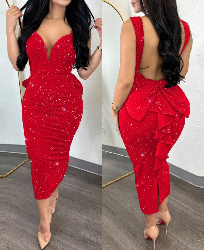 Chic Elegant Solid Color Low Back Deep V High Waist Bow Elastic Slit Bodycon Dress 3