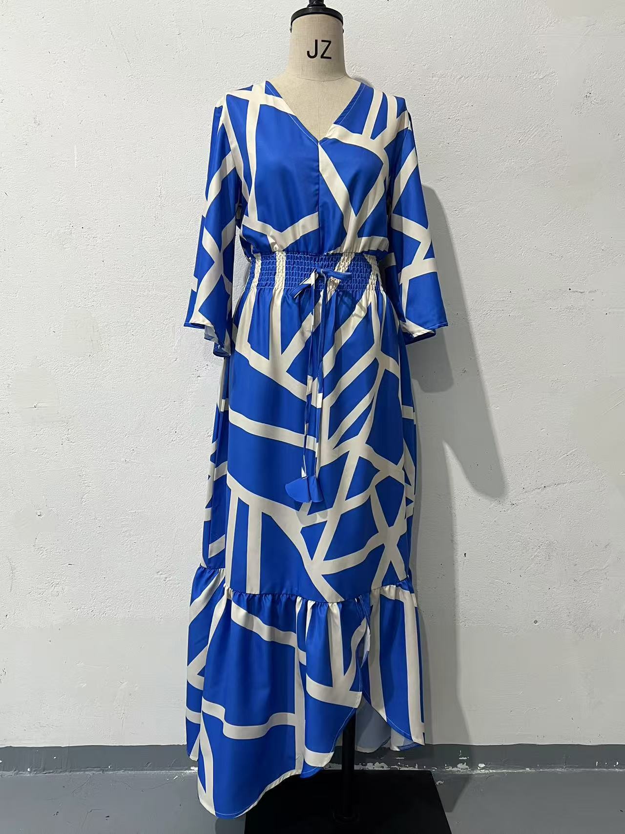 Women Summer U-Neck Printed Long Sleeve Bell Bottom Sleeve Dress 4