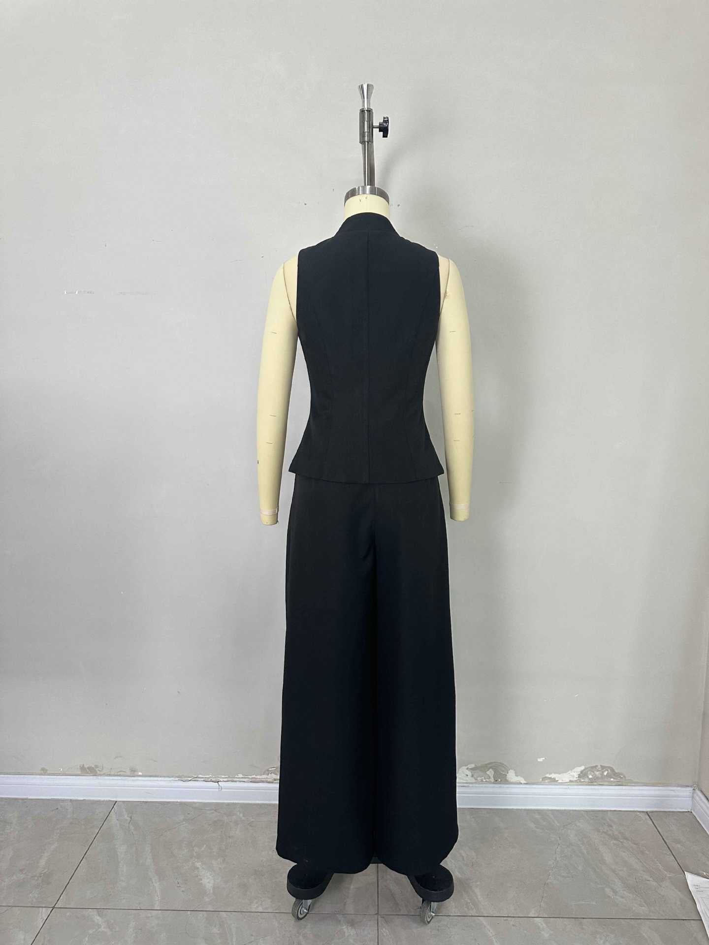 Women's Chic Elegant Solid Color V-Neck Sleeveless Vest & High-Waist Wide-Leg Trousers Set 6