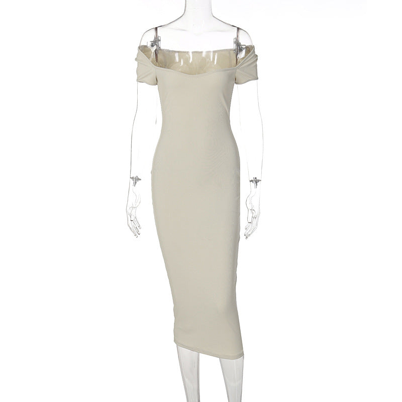 Summer Women's Off Shoulder Rib Long Slim Dress 10