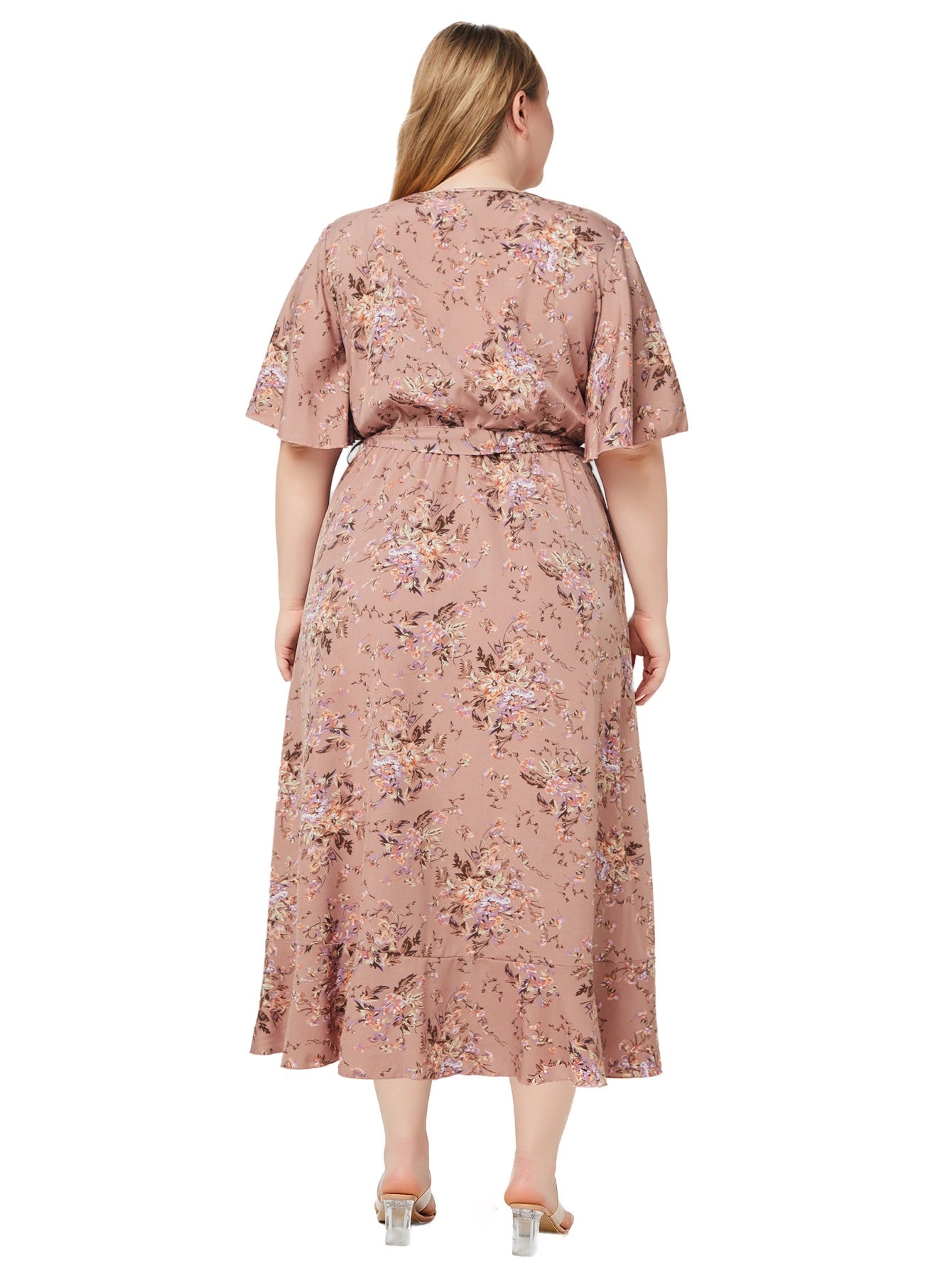 Plus Size Women Summer V Neck Short Sleeve Ruffle Print Pocket Dress 7