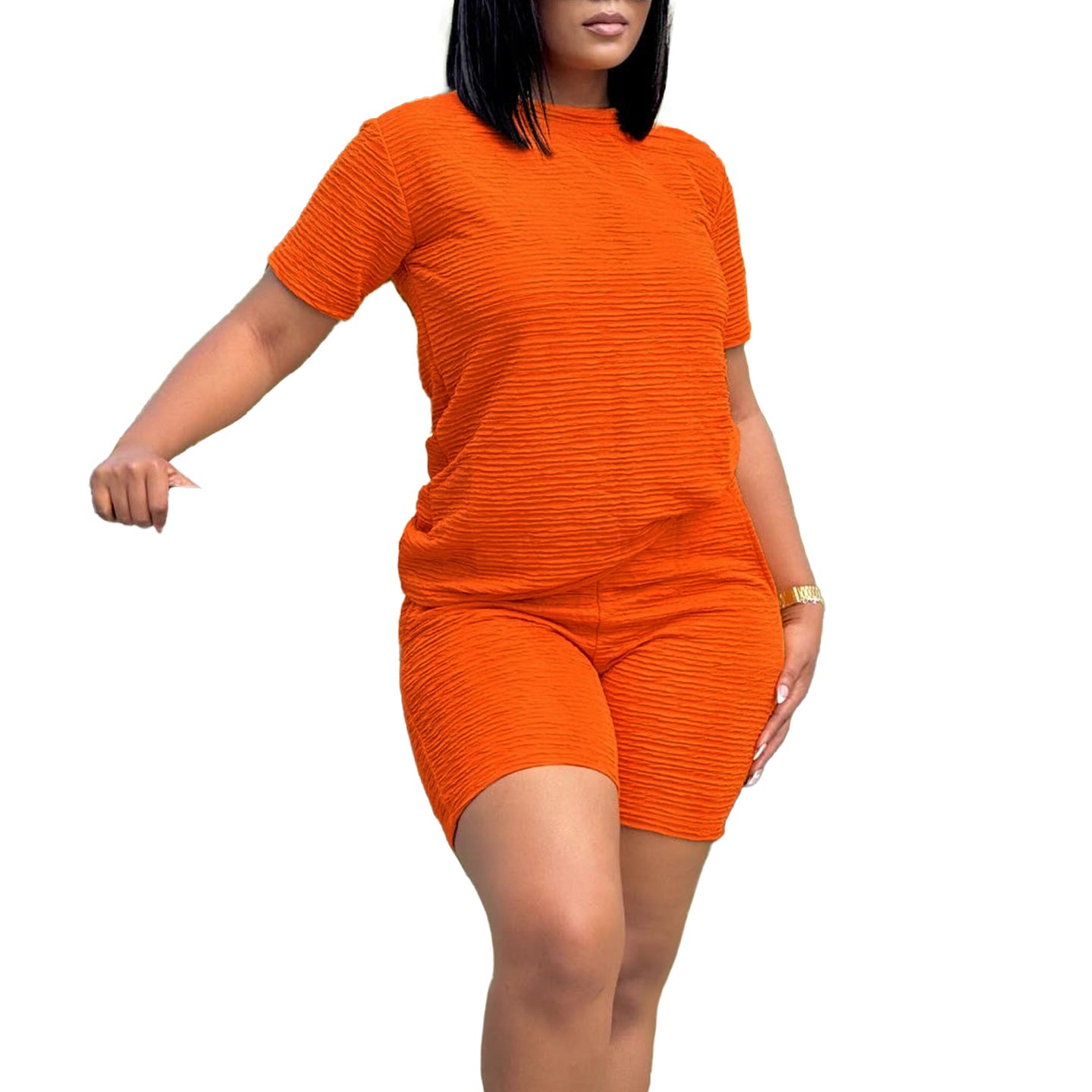 Women Casual Summer Solid Short Sleeve Top and Shorts Two-piece Set 10